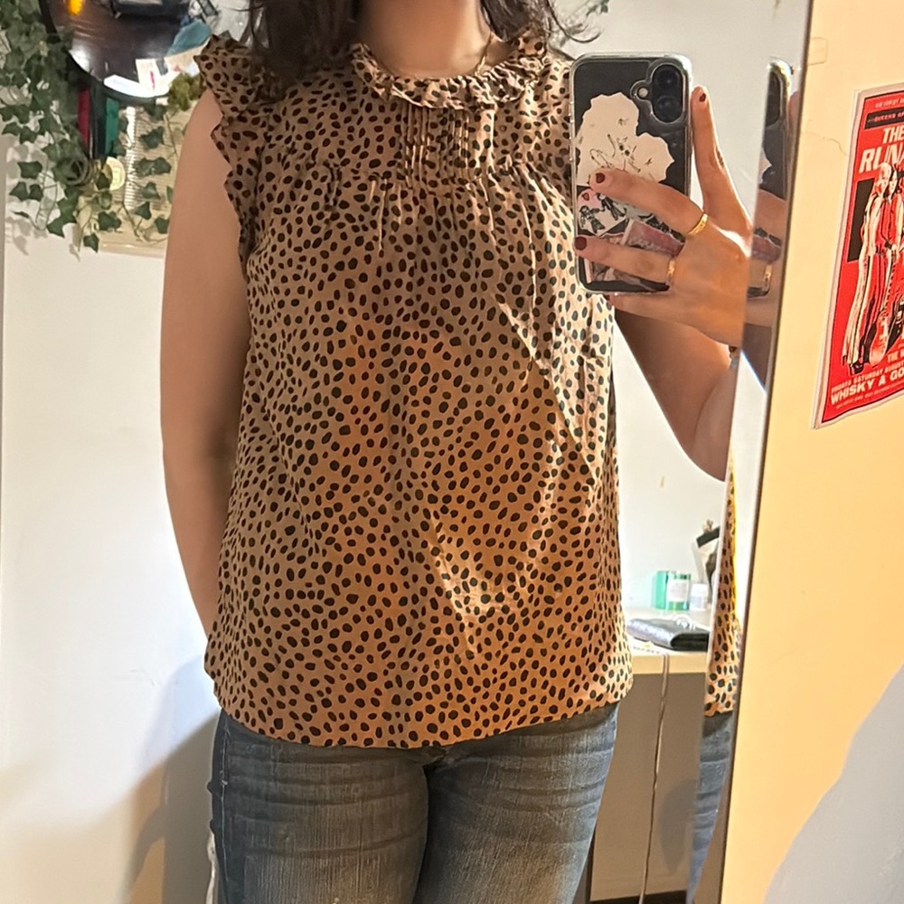 J. Crew Tan and Brown Ruffled Sleeveless Blouse